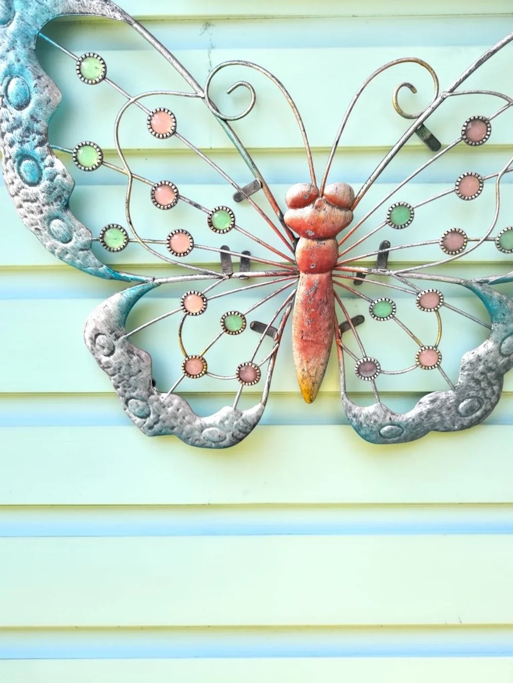 Large Metal Butterfly Wall Decor Turquoise Pink Jeweled Garden Art 30 Inch